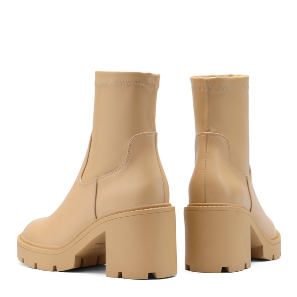 Elastic Chunky Heel Lug Sole Booties - NUDE PU - 3